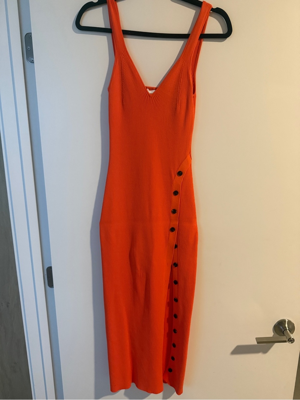 Self-Portrait Orange Sleeveless Ribbed Button-Trim Midi Dress
